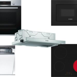 Set Εντοιχισμού Bosch Φούρνος HBA534ES0 + Εστίες Κεραμικές PKE611BB2E + Απορροφητήρας Συρόμενος DFM064W54 + Φούρνος Μικροκυμάτων Εντοιχιζόμενος BEL620MB3 20lt Black + Πλυντήριο Πιάτων Πλήρως Εντοιχιζόμενο SMV25AX00E 60cm