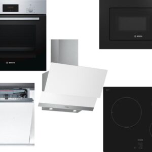 Set Εντοιχισμού Bosch Φούρνος HBF154BS0 + Εστίες Επαγωγικές PUC611AA5E + Απορροφητήρας Καμινάδα DWK065G20 + Φούρνος Μικροκυμάτων Εντοιχιζόμενος BEL620MB3 20lt Black + Πλυντήριο Πιάτων Πλήρως Εντοιχιζόμενο SMD6ECX00E 60cm